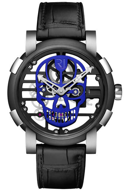 <strong>スカイラブ48 スピードメタル スカル</strong><br />ケース｜ステンレススチール＋ブラックPVD加工ステンレススチールベゼル（スチールはアポロ11号の素材を含有）<br />直径｜48mm<br />ムーブメント｜手巻き（Cal.RJ004-M）<br />ストラップ｜ブラックアリゲーター<br />防水｜3気圧<br />限定数｜スカル12色×各9本<br />発売時期｜発売中<br />価格｜300万円（税別）