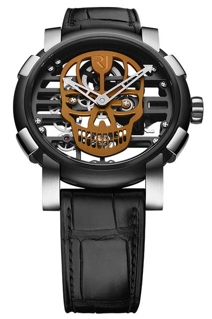 <strong>スカイラブ48 スピードメタル スカル</strong><br />ケース｜ステンレススチール＋ブラックPVD加工ステンレススチールベゼル（スチールはアポロ11号の素材を含有）<br />直径｜48mm<br />ムーブメント｜手巻き（Cal.RJ004-M）<br />ストラップ｜ブラックアリゲーター<br />防水｜3気圧<br />限定数｜スカル12色×各9本<br />発売時期｜発売中<br />価格｜300万円（税別）