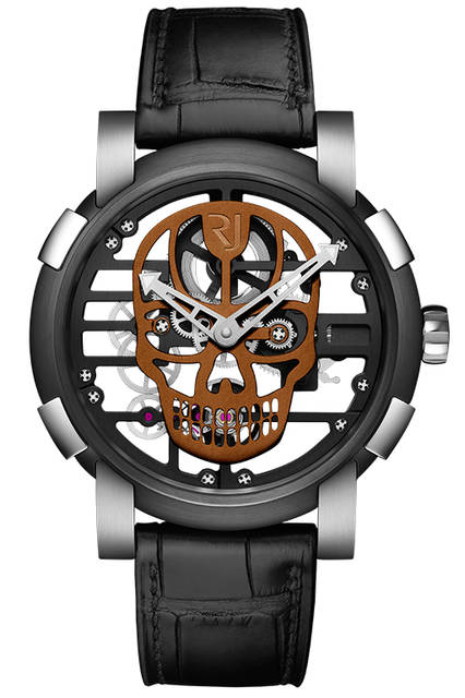 <strong>スカイラブ48 スピードメタル スカル</strong><br />ケース｜ステンレススチール＋ブラックPVD加工ステンレススチールベゼル（スチールはアポロ11号の素材を含有）<br />直径｜48mm<br />ムーブメント｜手巻き（Cal.RJ004-M）<br />ストラップ｜ブラックアリゲーター<br />防水｜3気圧<br />限定数｜スカル12色×各9本<br />発売時期｜発売中<br />価格｜300万円（税別）