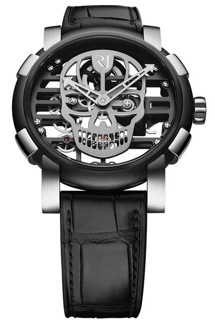 <strong>スカイラブ48 スピードメタル スカル</strong><br />ケース｜ステンレススチール＋ブラックPVD加工ステンレススチールベゼル（スチールはアポロ11号の素材を含有）<br />直径｜48mm<br />ムーブメント｜手巻き（Cal.RJ004-M）<br />ストラップ｜ブラックアリゲーター<br />防水｜3気圧<br />限定数｜スカル12色×各9本<br />発売時期｜発売中<br />価格｜300万円（税別）