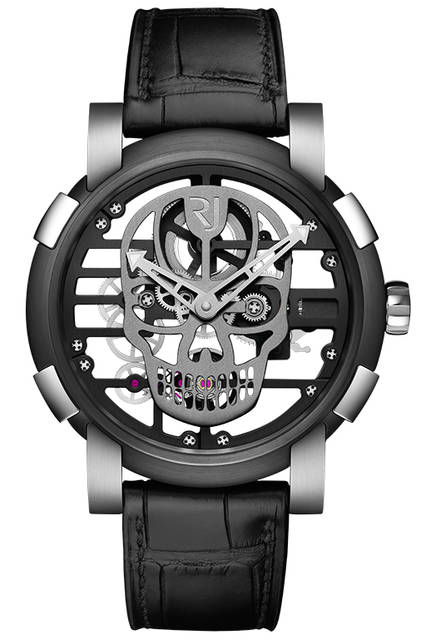 <strong>スカイラブ48 スピードメタル スカル</strong><br />ケース｜ステンレススチール＋ブラックPVD加工ステンレススチールベゼル（スチールはアポロ11号の素材を含有）<br />直径｜48mm<br />ムーブメント｜手巻き（Cal.RJ004-M）<br />ストラップ｜ブラックアリゲーター<br />防水｜3気圧<br />限定数｜スカル12色×各9本<br />発売時期｜発売中<br />価格｜300万円（税別）