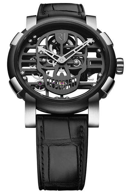 <strong>スカイラブ48 スピードメタル スカル</strong><br />ケース｜ステンレススチール＋ブラックPVD加工ステンレススチールベゼル（スチールはアポロ11号の素材を含有）<br />直径｜48mm<br />ムーブメント｜手巻き（Cal.RJ004-M）<br />ストラップ｜ブラックアリゲーター<br />防水｜3気圧<br />限定数｜スカル12色×各9本<br />発売時期｜発売中<br />価格｜300万円（税別）