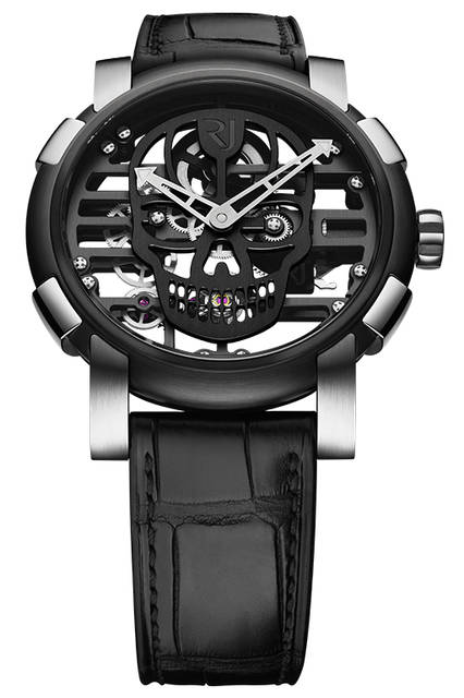 <strong>スカイラブ48 スピードメタル スカル</strong><br />ケース｜ステンレススチール＋ブラックPVD加工ステンレススチールベゼル（スチールはアポロ11号の素材を含有）<br />直径｜48mm<br />ムーブメント｜手巻き（Cal.RJ004-M）<br />ストラップ｜ブラックアリゲーター<br />防水｜3気圧<br />限定数｜スカル12色×各9本<br />発売時期｜発売中<br />価格｜300万円（税別）