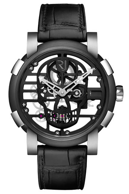 <strong>スカイラブ48 スピードメタル スカル</strong><br />ケース｜ステンレススチール＋ブラックPVD加工ステンレススチールベゼル（スチールはアポロ11号の素材を含有）<br />直径｜48mm<br />ムーブメント｜手巻き（Cal.RJ004-M）<br />ストラップ｜ブラックアリゲーター<br />防水｜3気圧<br />限定数｜スカル12色×各9本<br />発売時期｜発売中<br />価格｜300万円（税別）