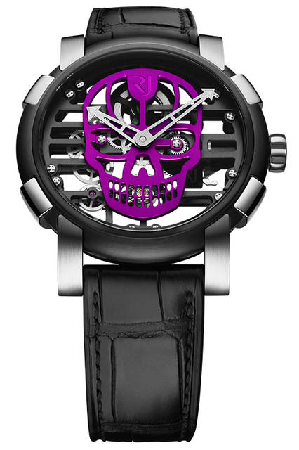 <strong>スカイラブ48 スピードメタル スカル</strong><br />ケース｜ステンレススチール＋ブラックPVD加工ステンレススチールベゼル（スチールはアポロ11号の素材を含有）<br />直径｜48mm<br />ムーブメント｜手巻き（Cal.RJ004-M）<br />ストラップ｜ブラックアリゲーター<br />防水｜3気圧<br />限定数｜スカル12色×各9本<br />発売時期｜発売中<br />価格｜300万円（税別）