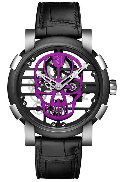 <strong>スカイラブ48 スピードメタル スカル</strong><br />ケース｜ステンレススチール＋ブラックPVD加工ステンレススチールベゼル（スチールはアポロ11号の素材を含有）<br />直径｜48mm<br />ムーブメント｜手巻き（Cal.RJ004-M）<br />ストラップ｜ブラックアリゲーター<br />防水｜3気圧<br />限定数｜スカル12色×各9本<br />発売時期｜発売中<br />価格｜300万円（税別）