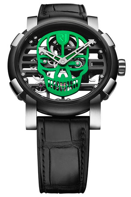 <strong>スカイラブ48 スピードメタル スカル</strong><br />ケース｜ステンレススチール＋ブラックPVD加工ステンレススチールベゼル（スチールはアポロ11号の素材を含有）<br />直径｜48mm<br />ムーブメント｜手巻き（Cal.RJ004-M）<br />ストラップ｜ブラックアリゲーター<br />防水｜3気圧<br />限定数｜スカル12色×各9本<br />発売時期｜発売中<br />価格｜300万円（税別）