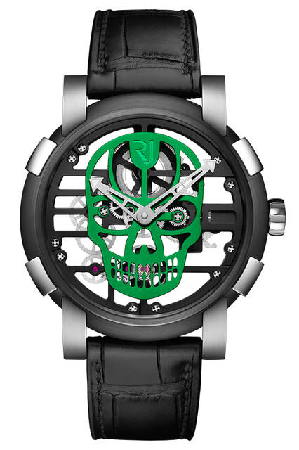 <strong>スカイラブ48 スピードメタル スカル</strong><br />ケース｜ステンレススチール＋ブラックPVD加工ステンレススチールベゼル（スチールはアポロ11号の素材を含有）<br />直径｜48mm<br />ムーブメント｜手巻き（Cal.RJ004-M）<br />ストラップ｜ブラックアリゲーター<br />防水｜3気圧<br />限定数｜スカル12色×各9本<br />発売時期｜発売中<br />価格｜300万円（税別）