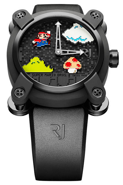 <strong>RJ X スーパーマリオブラザーズ</strong><br />ケース｜ブラックPVD加工チタンケース＋ブラックPVD加工ステンレススチールベゼル<br />直径｜46mm<br />ムーブメント｜自動巻き（Cal.RJ001-A）<br />ストラップ｜ブラックラバー<br />防水｜3気圧<br />限定数｜85本<br />発売時期｜発売中<br />価格｜250万円（税別）