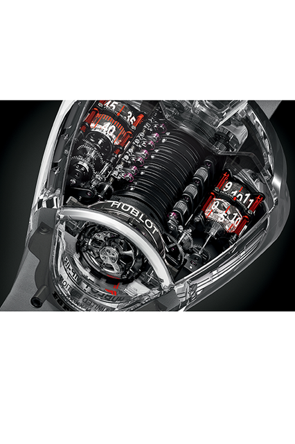 <strong>MP-05 ラ・フェラーリ サファイア</strong><br />ケース｜サファイアクリスタル<br />サイズ｜縦59.70✕横51.1mm<br />ムーブメント｜手巻き（Cal.HUB9005.H1.PN.1）<br />機能｜トゥールビヨン、透明シリンダーによる時分表示（時計右側）、透明シリンダーによるパワーリザーブ表示（時計左側）<br />ストラップ｜スケルトン<br />防水｜3気圧<br />限定数｜20本<br />発売時期｜7月予定<br />予価｜5570万円（税別）