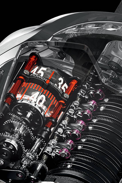 <strong>MP-05 ラ・フェラーリ サファイア</strong><br />ケース｜サファイアクリスタル<br />サイズ｜縦59.70✕横51.1mm<br />ムーブメント｜手巻き（Cal.HUB9005.H1.PN.1）<br />機能｜トゥールビヨン、透明シリンダーによる時分表示（時計右側）、透明シリンダーによるパワーリザーブ表示（時計左側）<br />ストラップ｜スケルトン<br />防水｜3気圧<br />限定数｜20本<br />発売時期｜7月予定<br />予価｜5570万円（税別）