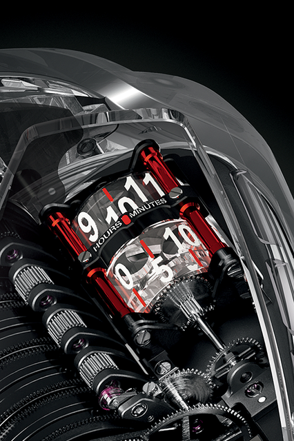 <strong>MP-05 ラ・フェラーリ サファイア</strong><br />ケース｜サファイアクリスタル<br />サイズ｜縦59.70✕横51.1mm<br />ムーブメント｜手巻き（Cal.HUB9005.H1.PN.1）<br />機能｜トゥールビヨン、透明シリンダーによる時分表示（時計右側）、透明シリンダーによるパワーリザーブ表示（時計左側）<br />ストラップ｜スケルトン<br />防水｜3気圧<br />限定数｜20本<br />発売時期｜7月予定<br />予価｜5570万円（税別）