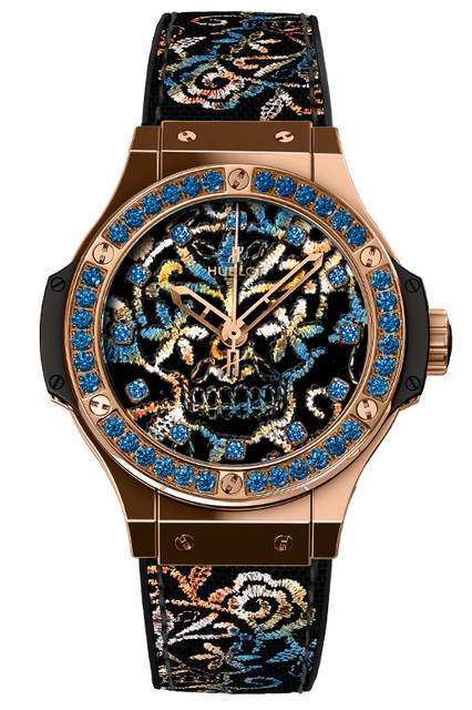 <strong>ビッグ・バン ブロイダリー シュガースカルゴールド</strong><br />ケース｜18Kレッドゴールド<br />直径｜41mm<br />ムーブメント｜自動巻き（Cal.HUB1110）<br />ストラップ｜ブラックラバー＋シルクサテンにマルチカラーの刺繍<br />防水｜10気圧<br />限定数｜200本<br />発売時期｜5月予定<br />予価｜322万円（税別）