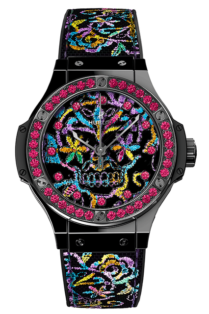 <strong>ビッグ・バン ブロイダリー シュガースカル セラミック</strong><br />ケース｜ブラックセラミック<br />直径｜41mm<br />ムーブメント｜自動巻き（Cal.HUB1110）<br />ストラップ｜ブラックラバー＋シルクサテンにマルチカラーの刺繍<br />防水｜10気圧<br />限定数｜200本<br />発売時期｜5月予定<br />予価｜166万円（税別）