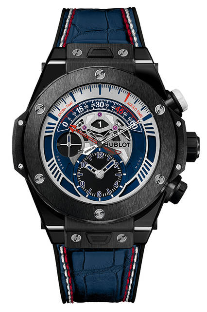 <strong>ビッグ・バン ウニコ レトログラード ユーロ セラミック</strong><br />ケース｜ブラックセラミック<br />直径｜45mm<br />ムーブメント｜自動巻き（Cal.HUB1261）<br />機能｜往復運針する秒針と分針を使用バイレトログラード・クロノグラフ、前半・後半・終了表示（12時位置の窓）<br />ストラップ｜ブルーアリゲーター＋ブラックラバー（レッド＆ホワイトステッチ）<br />防水｜10気圧<br />限定数｜各100本<br />発売時期｜8月予定<br />予価｜278万円（税別）