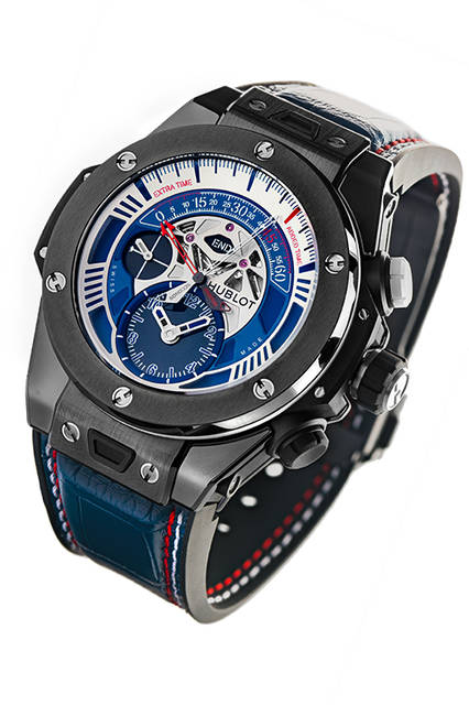 <strong>ビッグ・バン ウニコ レトログラード ユーロ セラミック</strong><br />ケース｜ブラックセラミック<br />直径｜45mm<br />ムーブメント｜自動巻き（Cal.HUB1261）<br />機能｜往復運針する秒針と分針を使用バイレトログラード・クロノグラフ、前半・後半・終了表示（12時位置の窓）<br />ストラップ｜ブルーアリゲーター＋ブラックラバー（レッド＆ホワイトステッチ）<br />防水｜10気圧<br />限定数｜各100本<br />発売時期｜8月予定<br />予価｜278万円（税別）