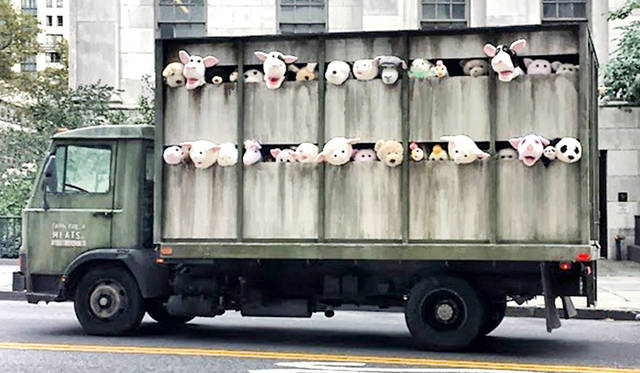 家畜のぬいぐるみが乗ったトラックが街を走る（ときどき精肉店で停まる）