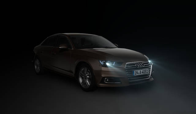 表現豊かな「Audi マトリクス顔文字LEDヘッドライト」を装着した新型A4のイメージ