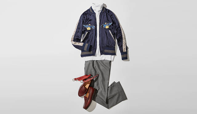 今季多くのブランドがリリースする刺繍入りスーベニアジャケットは、注目のトレンドアイテム。以前はジーンズに合わせるアメカジスタイルが定番だったが、2タックのウールパンツやエレガントなバーガンディのローファーを用いたミックススタイルがいまどきだ。<br><br>  靴2万5920円／リーガル（リーガルコーポレーション）、ブルゾン14万9904円／レインメーカー、ニット3万1320円／ジョン スメドレー（リーミルズ エージェンシー）、パンツ3万5640円／ニート、ベルト1万5660円／ダッドクラウン（ティンク）