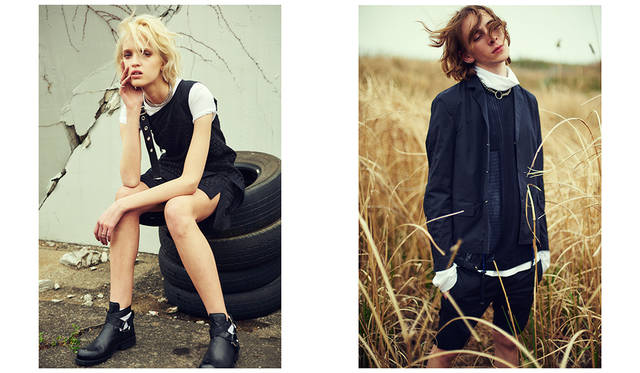 ＜写真左＞どこかインダストリアルなムードを感じさせながら、フェミニンなディテールが盛り込まれたミニドレス。Tシャツを合わせてこなれ感を出して。ドレス10万8000円、Tシャツ2万9160円、シューズ9万1800円（すべてディーゼル ブラック ゴールド）<br>＜写真右＞ナイロンブルゾンを重ねたようなデザインが特徴のスリムフィットなテーラードジャケットには、インナーもレイヤードしてスポーティに。ジャケット9万6120円、ニット4万2120円、パンツ3万240円（以上ディーゼル ブラック ゴールド）その他スタイリスト私物