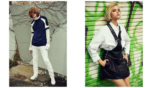 ＜写真左＞フードがついたラグランスリーブのTシャツの下にニットとハイネックのカットソーを合わせた新鮮なレイヤード。今シーズンの新作、エキストラロングタイプのデニムを合わせて、躍動感のあるモードなスタイルに。Tシャツ3万8880円、ニット4万2120円、パンツ6万8040円、シューズ9万720円（以上ディーゼル ブラック ゴールド）その他スタイリスト私物<br>＜写真右＞グロメットが打ち付けられたストラップがロックなサロペットスカートにはメンズライクな白シャツを合わせてハンサムウーマンを気取って。シャツ3万4560円、レザースカート18万1440円（すべてディーゼル ブラック ゴールド）