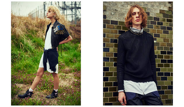 ＜写真左＞クリーンな白のドレスにレザージャケットを合わせたモード＆ロックなスタイリング。ニットを腰巻きすることで着こなしにリアリティが出て新鮮な印象に。レザージャケット27万2160円、ドレス4万8600円、ニット3万8880円、シューズ9万1800円（すべてディーゼル ブラック ゴールド）<br>＜写真右＞メッシュニットならではの透け感を楽しんだレイヤードスタイル。丈の長いハイネックのジップアップシャツを首もとと裾から覗かせて縦長シルエットを強調して。ニット5万760円、シャツ3万5640円、パンツ3万5640円（すべてディーゼル ブラック ゴールド）