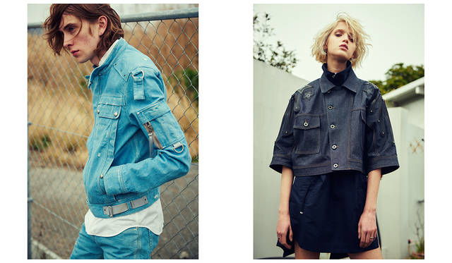 ＜写真左＞エポーレットやストラップなどディテールがふんだんに盛り込まれたデザインのデニムジャケット。同色のデニムパンツと白シャツを合わせて爽やかに着こなして。ジャケット9万720円、シャツ3万5640円、パンツ6万1560円（すべてディーゼル ブラック ゴールド）<br>＜写真右＞フロントのジップでハイネックにもなるドレスに、クロップド丈のリジッドデニムジャケットを羽織って垢抜けたスタイルを楽しんで。ジャケット13万7160円、ドレス4万4280円（すべてディーゼル ブラック ゴールド）