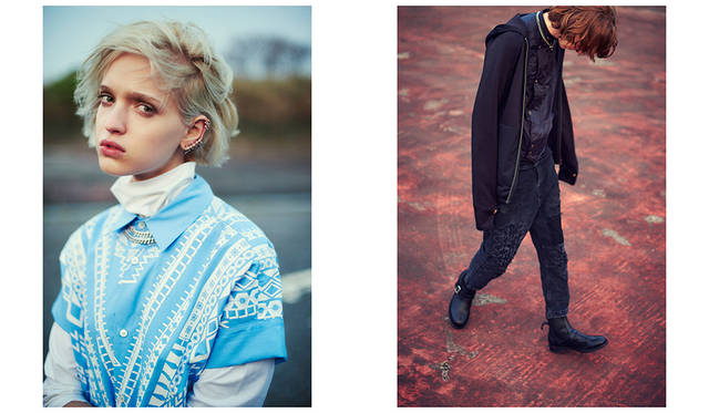 ＜写真左＞トライバルなパターンが印象的なミニドレスも、インにハイネックのカットソーを重ねることでフェミニンになりすぎないレイヤードスタイルが完成する。ドレス5万8320円（以上ディーゼル ブラック ゴールド）その他スタイリスト私物<br>＜写真右＞薄手のナイロンジャケットをパーカのインナーに合わせ、デニムでまとめたモードなストリートスタイル。トーンを揃えてシックな印象に整えて。パーカ4万3200円、ジャケット5万1840円、パンツ6万9120円、シューズ9万6120円（すべてディーゼル ブラック ゴールド）