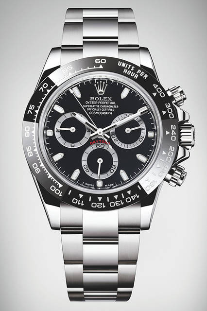 <storng>コスモグラフ デイトナ<br />Ref.116500LN</strong><br />ケース│904Lステンレススチール、セラクロムベゼル<br />直径│40mm<br />ムーブメント│自動巻き（Cal.4130）<br />機能│クロノグラフ（30分積算計、12時間積算計）<br />ブレスレット│904Lステンレススチール<br />防水性能│100m<br />発売時期│2016年夏発売予定<br />予価│118万円（税抜）<br />