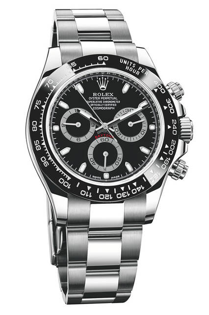 <storng>コスモグラフ デイトナ<br />Ref.116500LN</strong><br />ケース│904Lステンレススチール、セラクロムベゼル<br />直径│40mm<br />ムーブメント│自動巻き（Cal.4130）<br />機能│クロノグラフ（30分積算計、12時間積算計）<br />ブレスレット│904Lステンレススチール<br />防水性能│100m<br />発売時期│2016年夏発売予定<br />予価│118万円（税抜）<br />