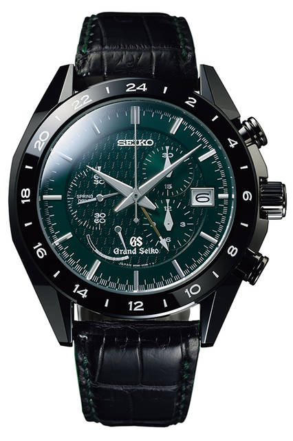 <strong>グランドセイコー<br />ブラックセラミックス リミテッドコレクション<br />スプリングドライブ クロノグラフGMT</strong><br />ケース│ジルコニア・セラミック（アウターケース）、ブライトチタン（インナーケース）<br />ムーブメント│自動巻きスプリングドライブ（Cal.9R96）<br />機能│日付表示、クロノグラフ（30分積算計、12時間積算計）、第2時間帯表示、パワーリザーブ表示<br />ストラップ│クロコダイル<br />防水性能│10気圧<br />限定数│600本（SBGC017、グリーンダイヤル）<br />発売時期│2016年6月10日発売予定<br />予価│140万円（税抜）<br />