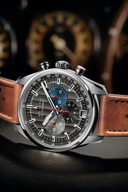 <strong>エル・プリメロ 36’000VpH クラシックカーズ</strong><br />ケース│ステンレススチール<br />直径│42mm<br />厚さ│12.75mm<br />ムーブメント│自動巻き（Cal.400B）<br />機能│クロノグラフ（30分積算計、12時間積算計）、日付表示<br />ストラップ│カーフ<br />防水性能│10気圧<br />発売時期│2016年9月発売予定<br />予価│80万円（税抜）<br />