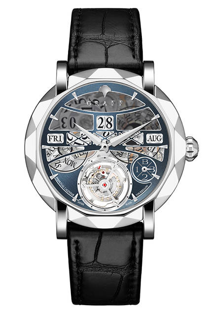 <strong>ザ・マスターグラフ パーペチュアルカレンダー</strong><br /> ケース｜プラチナ<br /> 直径｜46mm<br /> 厚さ｜12.45mm<br /> ムーブメント｜自動巻き（ザ・グラフキャリバー７）<br /> 機能｜パーペチュアルカレンダー（日付・曜日・月表示、閏年インディケーター）<br /> ストラップ｜アリゲーター<br /> 