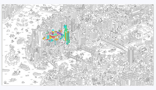 家族みんなで楽しめるデザインを提案するOMYから、ニューヨークの街がポップなイラストで描かれたビッグサイズの塗り絵ポスター。<br><br>ポスターサイズ　2052円<br>ジャイアントポスターサイズ　3240円