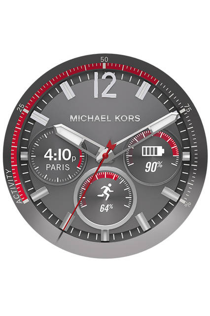 <strong>MICHAEL KORS ACCESS  <br>スマートウォッチ <br>DYLAN</strong> <br>4万5000円（税抜）<br><br> 液晶画面上にスキンを表示しているから、デジタルもアナログも表示スタイルは自由自在。アナログ針のエッジの影まで表現しているので、立体感があり、リアルに見える。アートワークにブランドの世界観が表現されているのも好印象だ。 