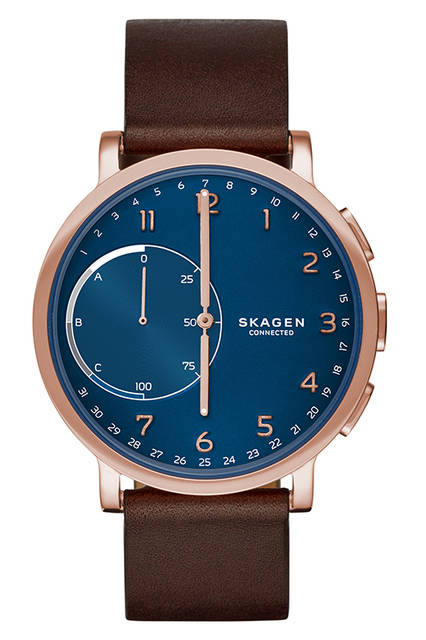 <strong>SKAGEN<br>ハイブリッドスマートウォッチ<br>SKAGEN <br>CONNECTED</strong><br>2万9000円（税抜）<br><br>スカーゲンらしいミニマムなデザインが特徴。針式ゆえに表示できる情報は限られてくるが、各種センサリングや、スマホ連動によりデータを活用する機能は、このタイプでも十分に実現されている。未来感を主張しすぎていないのもいい。