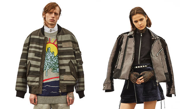 ＜写真左＞レザージャケット15万1000円、シャツ3万9000円、ニット5万円（すべてディーゼル ブラック ゴールド）スウェットパンツは参考商品<br>＜写真右＞ジャケット25万2000円、トップス5万9000円、スカート8万3000円、ベルト3万2000円（以上ディーゼル ブラック ゴールド）その他スタイリスト私物