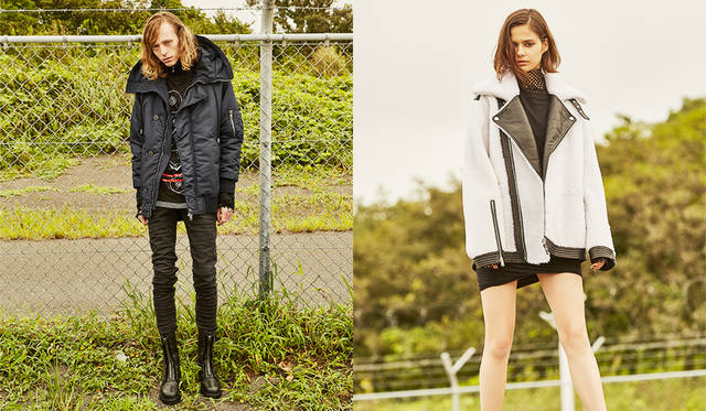 ＜写真左＞ジャケット11万7000円、Tシャツ1万6800円、下に着たジャケット5万7000円、デニムパンツ5万7000円、ブーツ8万6000円（すべてディーゼル ブラック ゴールド）その他スタイリスト私物<br>＜写真右＞ムートンジャケット28万5000円、カットソー2万2000円、ブーツ7万2000円（以上ディーゼル ブラック ゴールド）その他スタイリスト私物