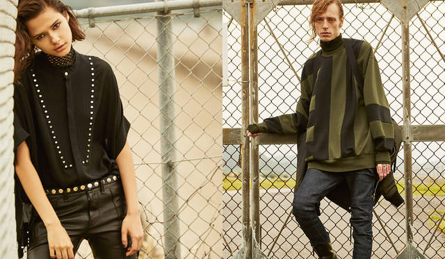 ＜写真左＞トップス6万3000円、レザーパンツ14万2000円、ベルト3万2000円（すべてディーゼル ブラック ゴールド）その他スタイリスト私物<br>＜写真右＞ ニット3万6000円、スウェット3万2000円、ジャケット7万9000円、デニム5万4000円、ブーツ8万6000円（以上ディーゼル ブラック ゴールド）その他スタイリスト私物