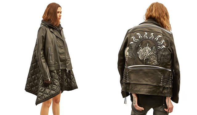 ＜写真左＞レザーライダースにキルティング素材のジャケットが組み合わされたユニークフェイスのアウター。スウェットパーカーをインに着てシンプルにトラペーズラインを楽しんで。レザージャケット22万9000円、スウェット7万1000円（すべてディーゼル ブラック ゴールド）その他スタイリスト私物<br>＜写真右＞一枚で主役級の存在感を誇るバックシャンなレザージャケットは、シンプルにデニムパンツを合わせてとことんクールに。レザージャケット45万5000円、デニムパンツ4万5000円（以上ディーゼル ブラック ゴールド）その他スタイリスト私物