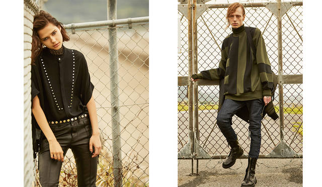 ＜写真左＞ハードなレザーパンツにメタルの装飾が施されたドレス感のあるトップスをインしたロックなコーディネート。スタッズのついたベルトでトーンにメリハリをつけて。トップス6万3000円、レザーパンツ14万2000円、ベルト3万2000円（すべてディーゼル ブラック ゴールド）その他スタイリスト私物<br>＜写真右＞スウェットに細身のデニムを合わせたスポーティカジュアルも、ハイネックニットを重ねることで、ニュアンスのあるこなれた雰囲気に。ニット3万6000円、スウェット3万2000円、ジャケット7万9000円、デニム5万4000円、ブーツ8万6000円（以上ディーゼル ブラック ゴールド）その他スタイリスト私物