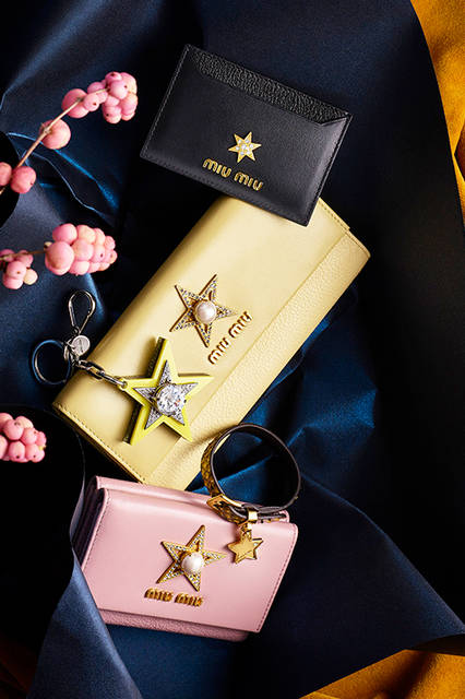 スター レザーグッズ/キーチャームA.カードケース（ブラック）<br> 2万6000円（税抜／予定価格）<br> B.フラップ長財布（イエロー）<br> 6万8000円（税抜／予定価格）<br> C.二つ折り財布（ピンク）<br> 6万3000円（税抜／予定価格）<br> D.スターキーチャーム（イエロー）<br> 2万9000円（税抜／予定価格）