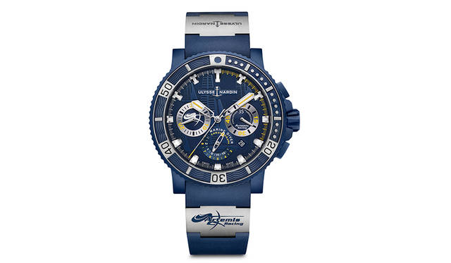 <strong>ダイバー クロノグラフ アルテミス レーシング</strong><br /> リファレンス｜353-98LE-3/ARTEMIS <br /> 限定｜250本<br /> パワーリザーブ｜約42 時間<br /> 巻き上げ｜自動巻 <br /> ケース｜ブルーラバーコーティングのステンレスチール<br /> ケース径｜45.8 mm<br /> ストラップ｜ブルーラバー<br /> 防水｜200m<br /> 価格｜131万円（税別予価）<br />