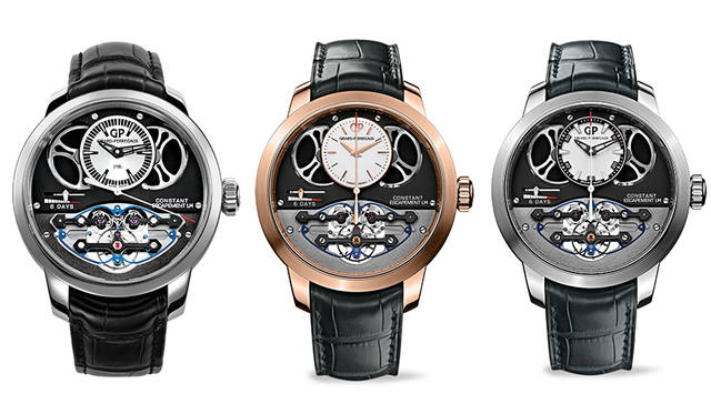 <strong> コンスタント・エスケープメントL.M.  </strong><br /> シリコンの反発力を利用するジラール・ペルゴが開発したまったく新しい形状の脱進機「コンスタント・エスケープメント」を搭載。文字盤左側のインジケーターが水平に動くリニア式パワーリザーブを備えている。1348万円（18KWG。税別）。1348万円（18KPG。税別）。949万（チタン。税別）。