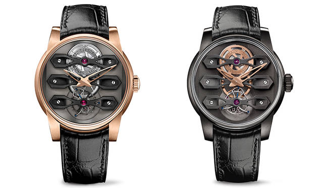 <strong> ネオ・スリーブリッジ トゥールビヨン </strong><br /> ジラール・ペルゴの代名詞的デザインとなっているスリー・ブリッジデザインをモダナイズ。最下段のトゥールビヨンケージはチタニウム素材で作られている。各1601万円（18KPGもしくはDLC加工を施したチタン。税別）。
