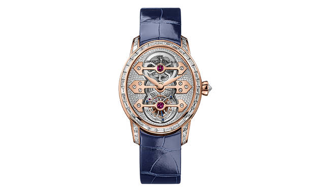 <strong>キャッツアイ スリーゴールドブリッジ トゥールビヨン</strong><br />  54石のバゲットカットダイヤモンド（総計3.5ct）をセットした18KPGケースを採用。208石のブリリアントダイヤモンド（（総計0.55ct）をセットしたダイヤルを使用し、ラグジュアリーな雰囲気へと導いている。6時位置にトゥールビヨン機構を搭載。2323万円（税別）。