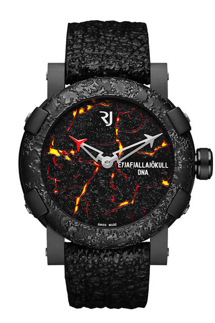 <strong>エイヤフィヤトラヨークトルDNA バーン ラバ</strong><br /> <br /> Ref.｜RJ.V.AU.002.02<br /> キャリバー｜自動巻き。RJ002-A<br /> パワーリザーブ｜最大48時間<br /> ケース素材｜ブラックPVD加工のSS。ケースバックにエイヤフィヤトラヨークトルのエングレーブ<br /> ケース径｜46mm<br /> ベゼル｜立体ストラクチャーとしたブラックPVD加工のSS<br /> ストラップ｜ブラックトードレザー<br /> 防水｜3気圧防水<br /> 限定数｜99本（世界限定）<br /> 価格｜344万円（税別）<br />