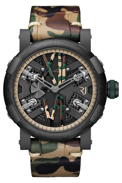 <strong>スチームパンク 46 オート カモ</strong><br /> <br /> 人類史上最大の発明と言われる蒸気機関を文字盤に讃えるシリーズ。ローマ数字のカモフラージュ柄は、スイスの著名な職人によるハンドペイント。<br /> <br /> Ref.｜RJ.T.AU.SP.007.02<br /> キャリバー｜自動巻き。RJ003-A<br /> パワーリザーブ｜最大40時間<br /> ケース素材｜ブラックPVD加工のSS。ケースバックにプロペラのエングレーブ<br /> ケース径｜46mm<br /> ベゼル｜手作業によるサテンブラシ仕上げとガンメタルカラーPVD加工のSS<br /> ストラップ｜カモフラージュ柄アリゲーター<br /> 防水｜3気圧防水<br /> 限定数｜25本（生産限定）<br /> 価格｜151万円（税別）