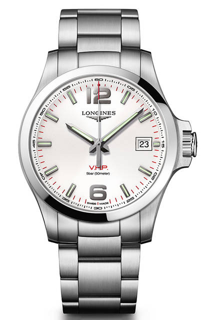 1984年にスタートした高精度クォーツウォッチ「ロンジン コンクェスト V.H.P.」の歴史と伝説を受け継ぐ、年差±5秒という時計界で最高峰のクォーツウォッチ コレクション。V.H.P.は「Very High Presision（超高精度）」の略。ケース径は42mm。SSケース＆ブレスレット。5気圧防水。12万1000円（税別）。今秋発売予定。