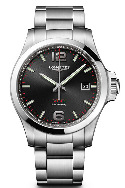 1984年にスタートした高精度クォーツウォッチ「ロンジン コンクェスト V.H.P.」の歴史と伝説を受け継ぐ、年差±5秒という時計界で最高峰のクォーツウォッチ コレクション。V.H.P.は「Very High Presision（超高精度）」の略。ケース径は42mm。SSケース＆ブレスレット。5気圧防水。12万1000円（税別）。今秋発売予定。
